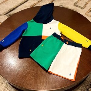 Polo Ralph Lauren Color Block Hoodie and Short Jogger - Size 7 - Color Multi